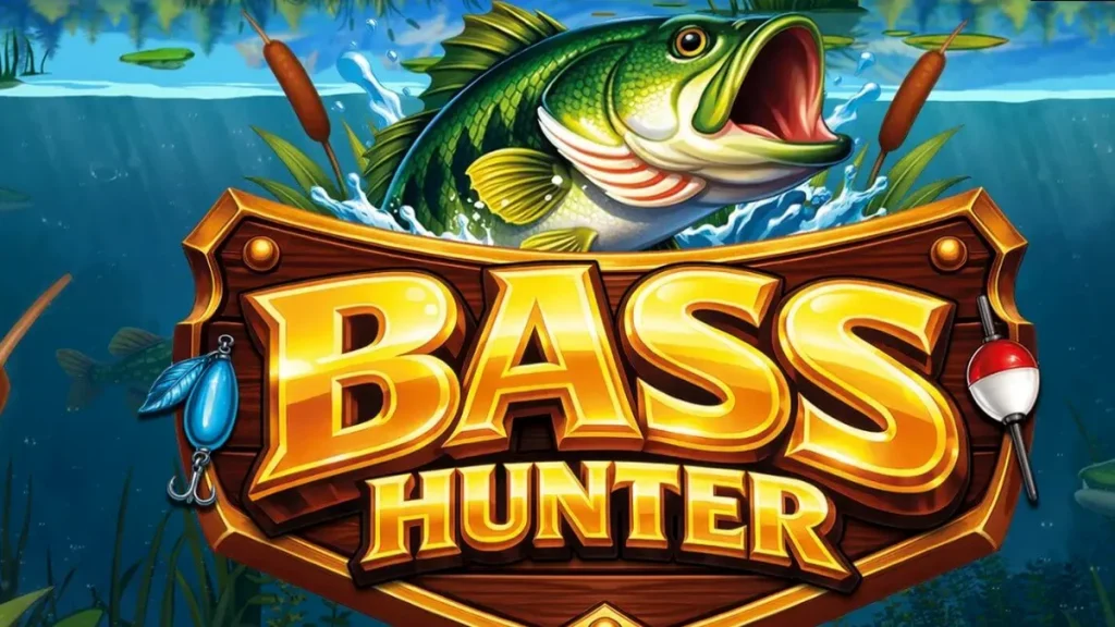 Cenário subaquático do jogo Bass Hunter com símbolos de pesca e peixes