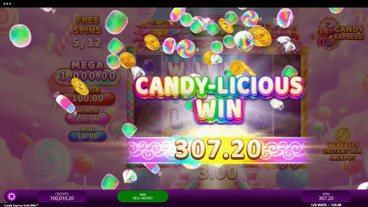 Trem de doces colorido do slot Candy Express Gold Blitz com símbolos de doces e jackpots