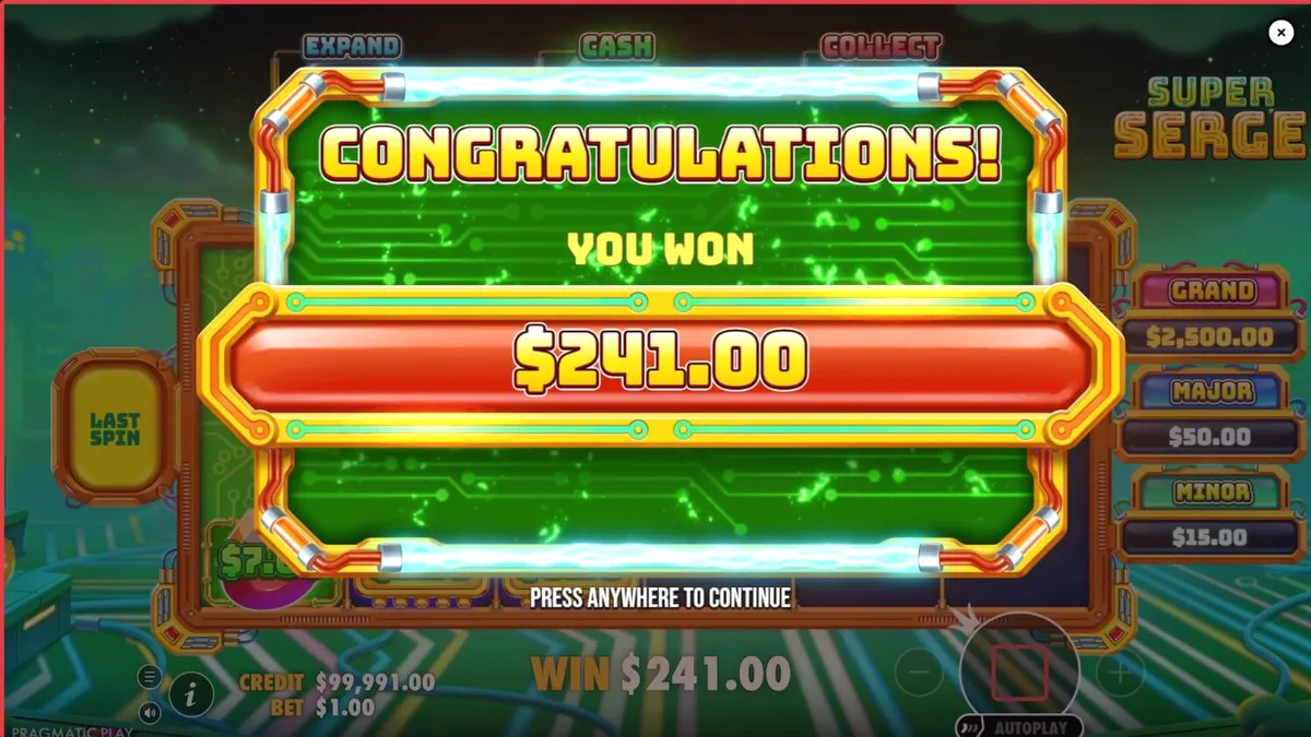 Interface vibrante e futurista do slot Super Serge com elementos neon